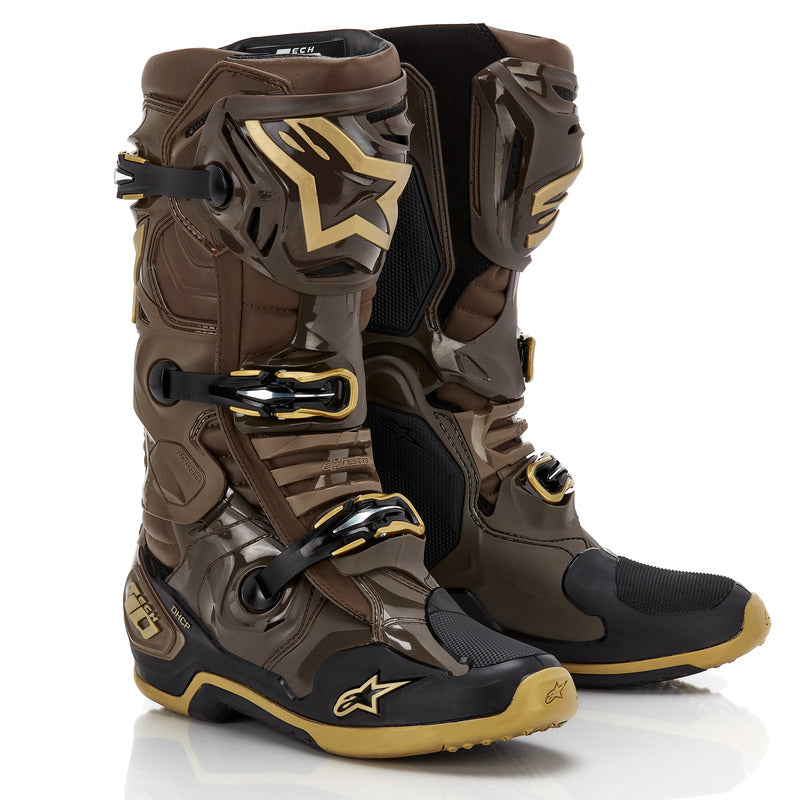 ALPINESTARS 2024 TECH 10 DARK BROWN KANGAROO GOLD BOOTS Ozminis Motorsport