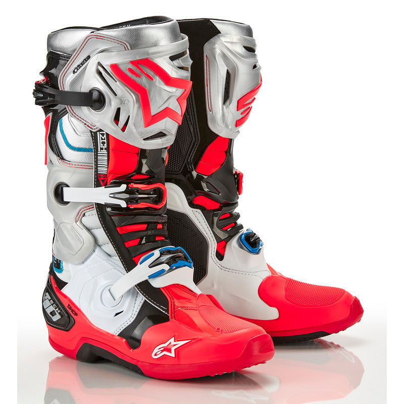 ALPINESTARS 2024 TECH 10 BLACK/WHITE/SILVER/FLURO RED BOOTS